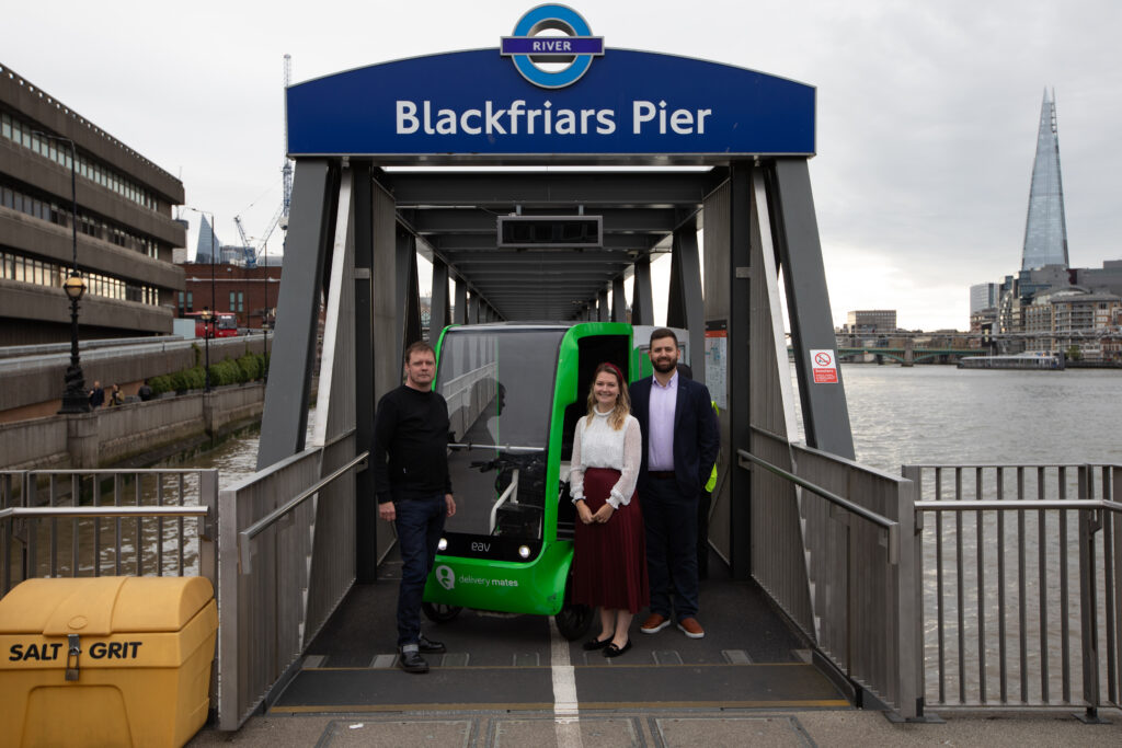 James Trimmer (PLA), Fiona Coull (CRP) & Graham Gathergood (Beckett Rankine) with a cargo bike at Blackfriars Pier