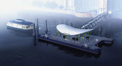 Artist impression rendering of Rotherhithe pier, with example vessel docking. The pier has a low gradient brow to a covered pontoon.